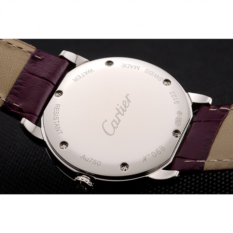 Cartier Ronde Louis Silver Diamond Case White Dial Purple Leather Bracelet 1454009-6