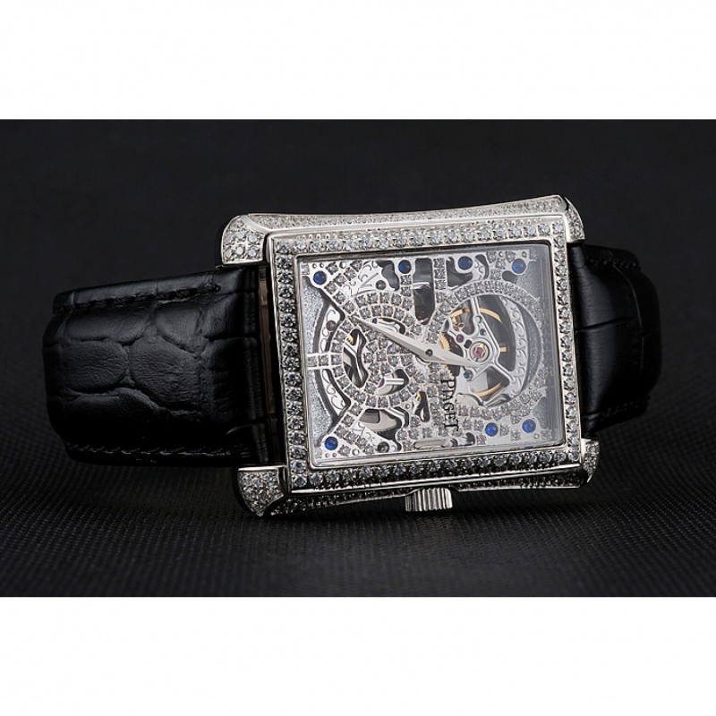 Swiss Piaget Emperador Tourbillon Skeleton Silver Diamond Case Black Leather Bracelet 1453943-2