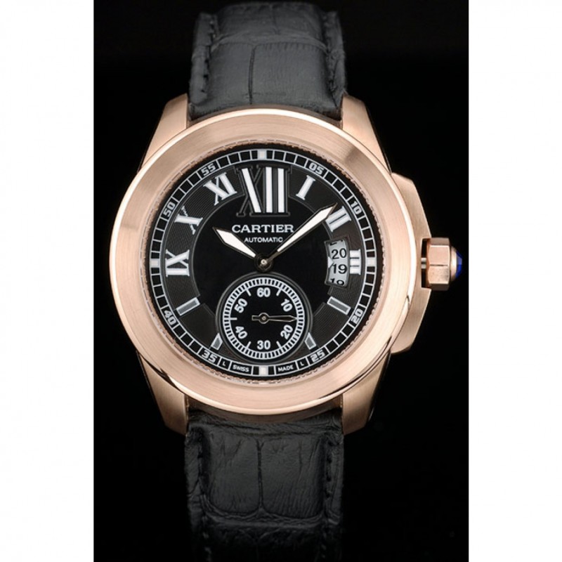 Cartier Calibre Black Dial Gold Case Black Leather Bracelet-1