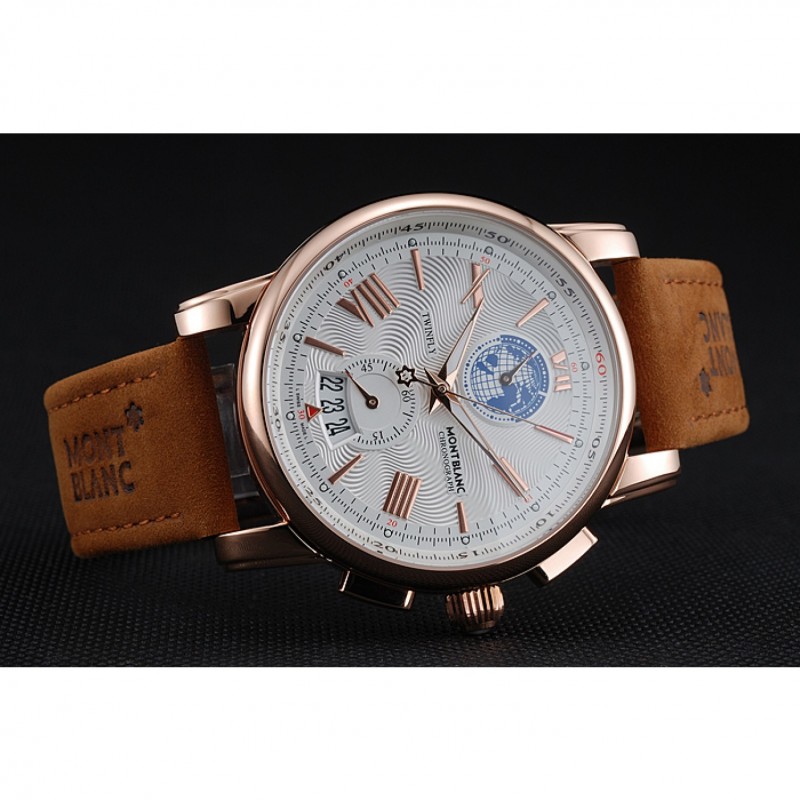 Montblanc Twinfly Chronograph White Dial Brown Suede Leather Bracelet 1454116-3