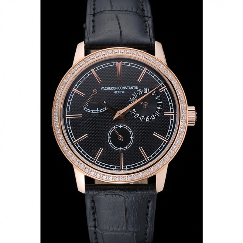 Vacheron Constantin Patrimony Power Reserve Black Dial Gold Diamond Case Black Leather Bracelet 1454269-1