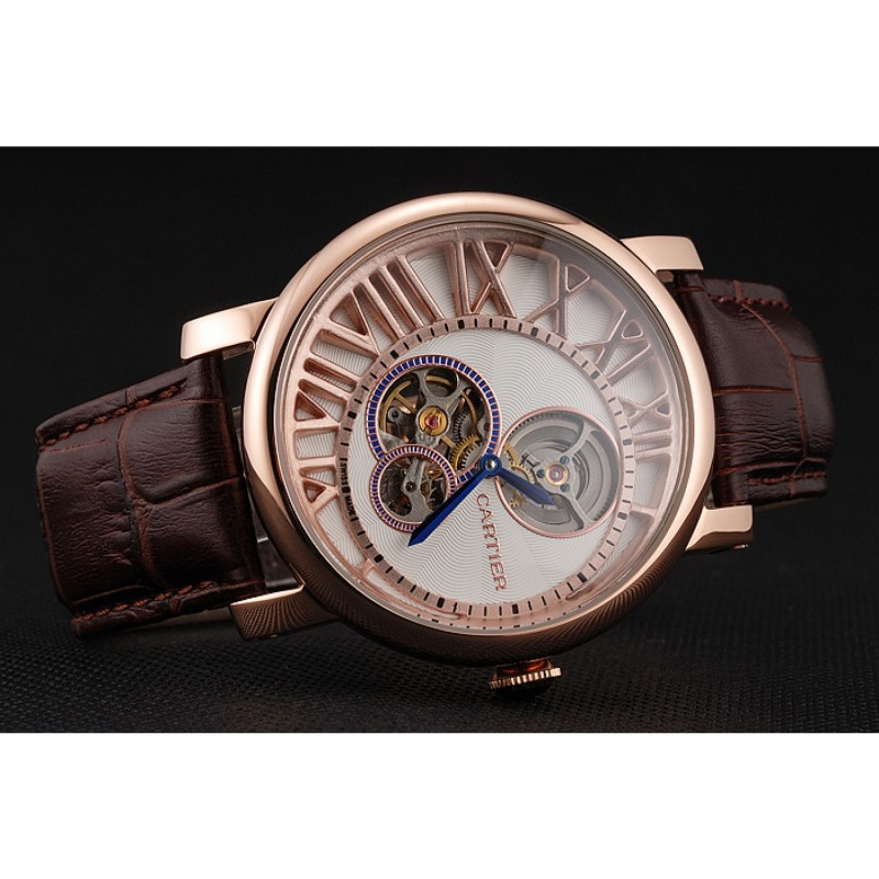 Cartier Rotonde De Cartier Flying Tourbillon White Dial Rose Gold Numerals Rose Gold Case Brown Leather Strap-4