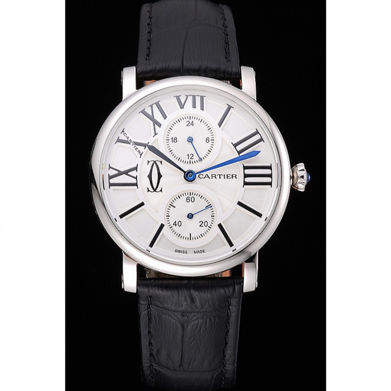 Cartier Ronde Second Time Zone White Dial Stainless Steel Case Black Leather Strap 622798-1