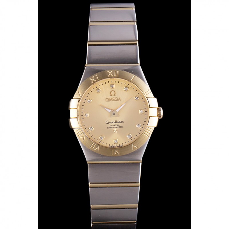Swiss Lady Omega Constellation Stainless Steel Bracelet Golden Dial 80292-1
