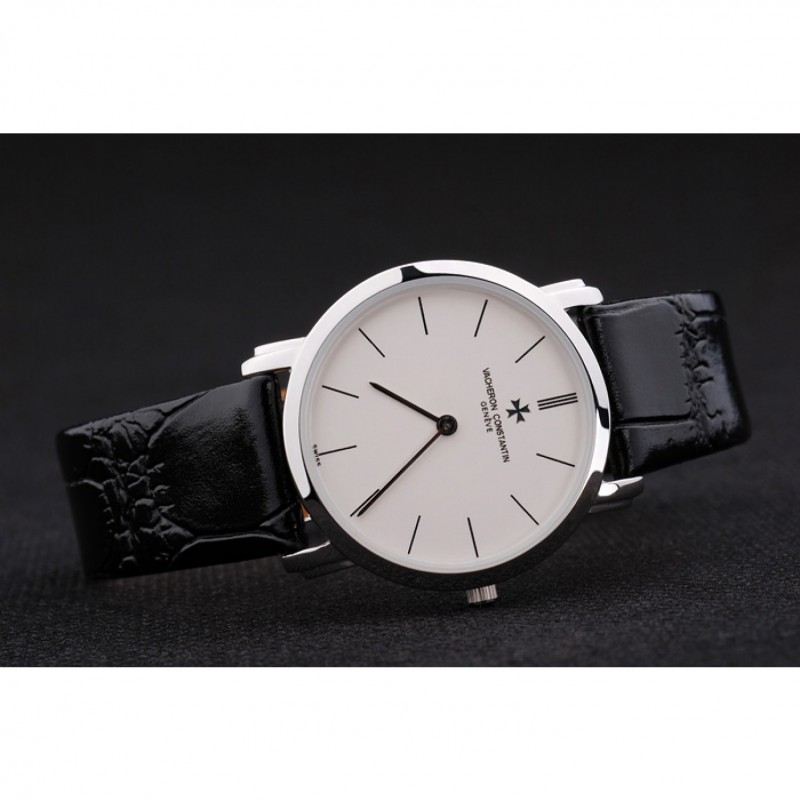Best Vacheron Constantin Patrimony White Stainless Steel Case Black Leather Bracelet-2