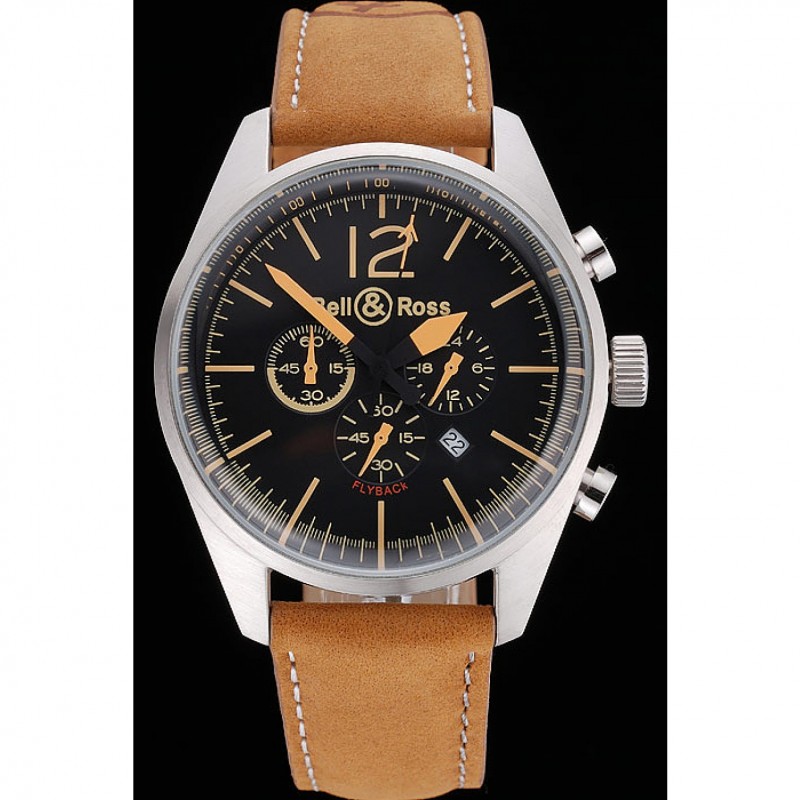 Bell and Ross BR126 Flyback Black Dial Silver Case Gold Numerals Brown Suede Leather Strap-1