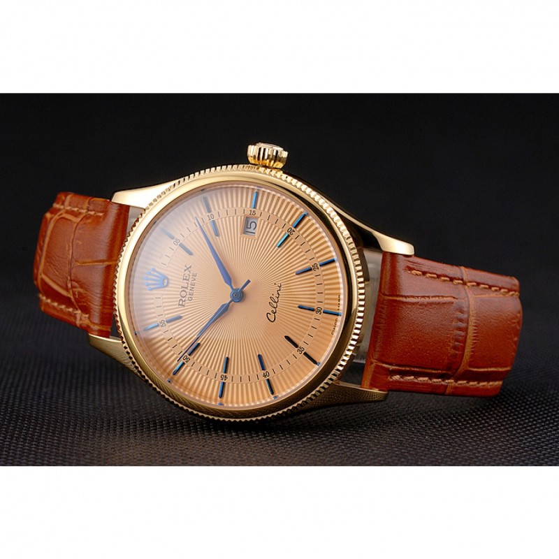 Swiss Rolex Cellini Date Gold Guilloche Dial Gold Case Light Brown Leather Strap-4