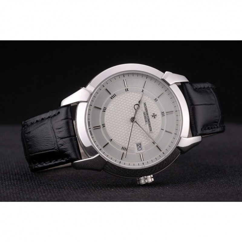 Swiss Vacheron Constantin Traditionnelle White Dial Roman Numerals Black Leather Bracelet-3