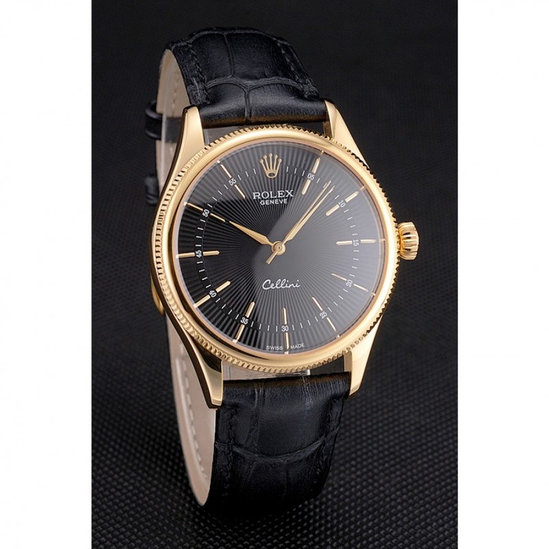 Best Replica Watches Swiss Rolex Cellini Black Dial Gold Markings Gold Case Black Leather Strap-2
