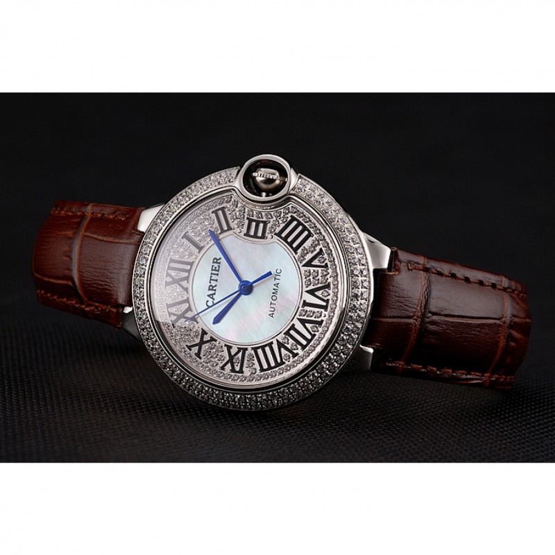 High End Replica Watches Swiss Cartier Ballon Bleu 46 MM Diamond Dial Diamond Case Brown Leather Bracelet 1453895-3