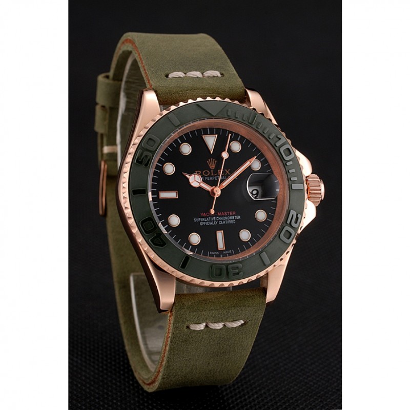 Rolex Yacht Master Black Dial Green Bezel Rose Gold Case Green Leather Bracelet 1453862-1