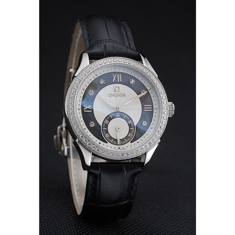Omega DeVille Prestige Black Dial Silver Diamond Case Black Leather Bracelet 1454120-2