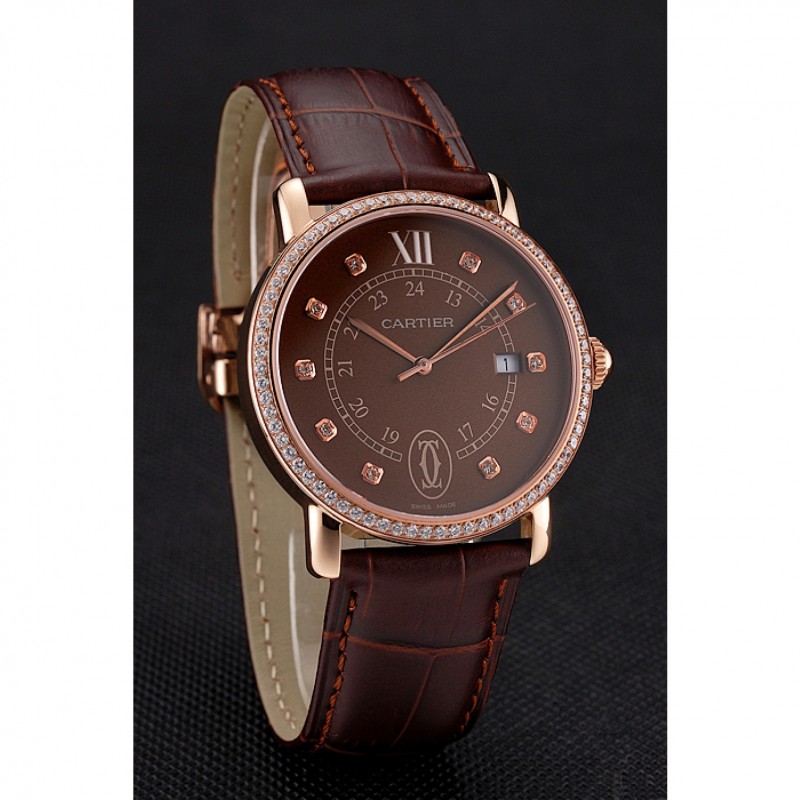 AAA Replica Watches Cartier Ronde Solo Brown Dial Diamond Hour Marks And Bezel Rose Gold Case Brown Leather Strap-2