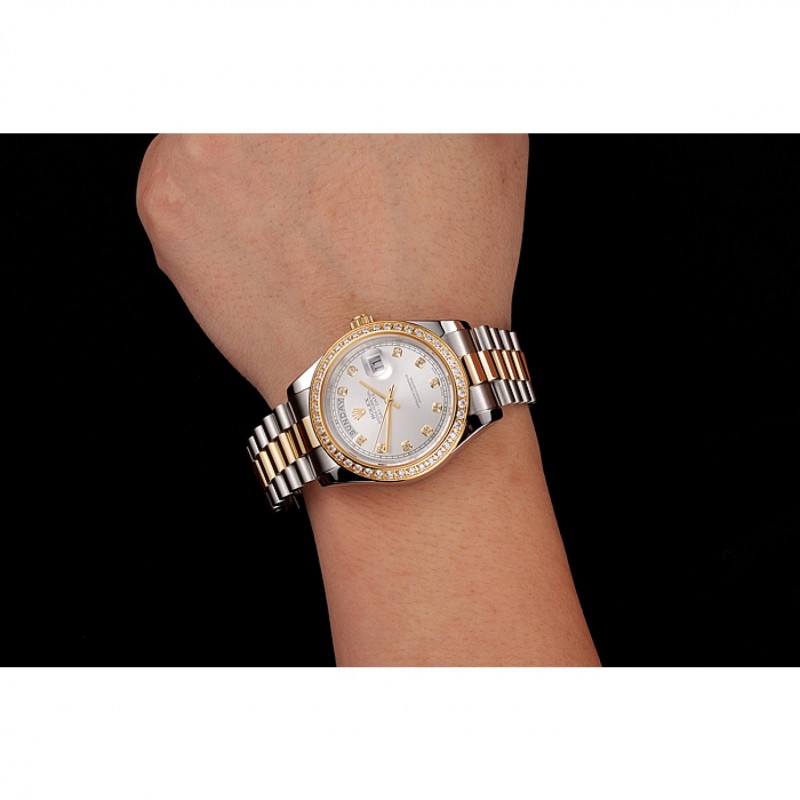 Swiss Rolex Day-Date White Dial Gold Diamond Case Two Tone Stainless Steel Bracelet 1453971-8