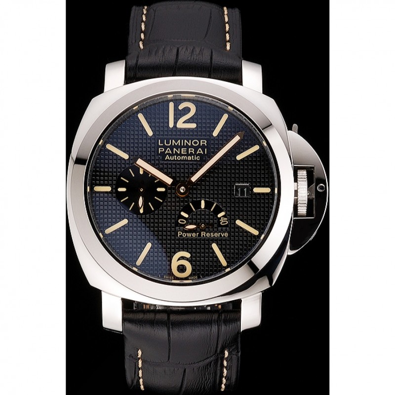 Panerai Luminor Automatic Power Reserve Black Embossed Dial Stainless Steel Case Black Leather Strap-1