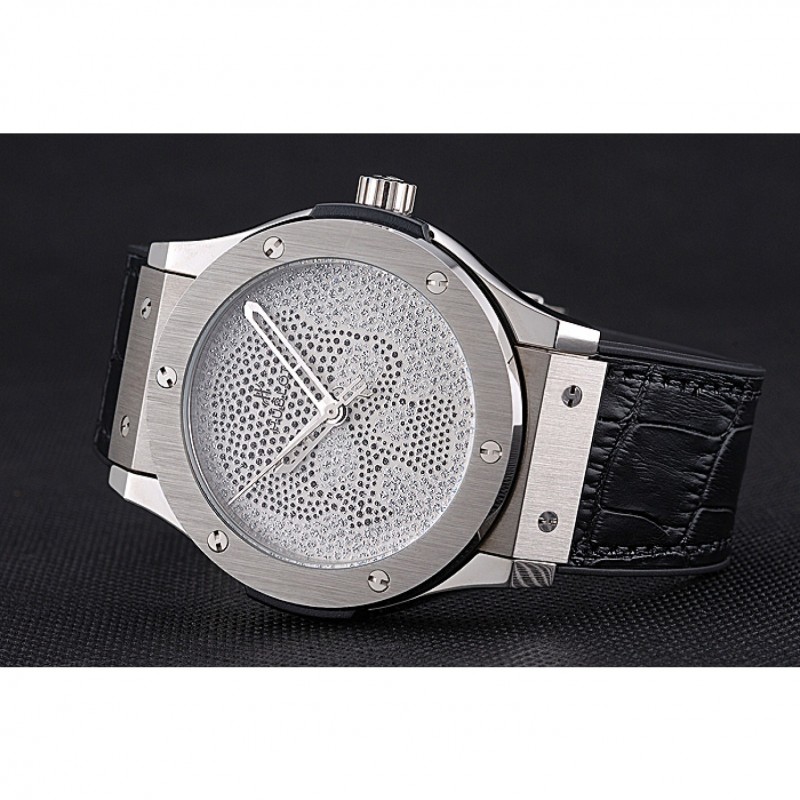 Hublot Classic Fusion Diamond Skull Dial Stainless Steel Case Black Leather Strap 622814-3