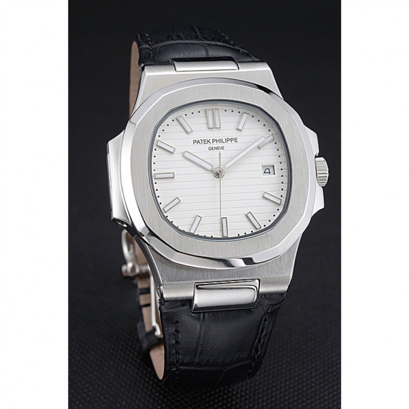 Patek Philippe Nautilus White Dial Brushed Stainless Steel Case Black Leather Strap-2