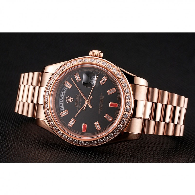 Swiss Rolex Day-Date Diamonds And Rubies Black Dial Rose Gold Bracelet 1454102-3