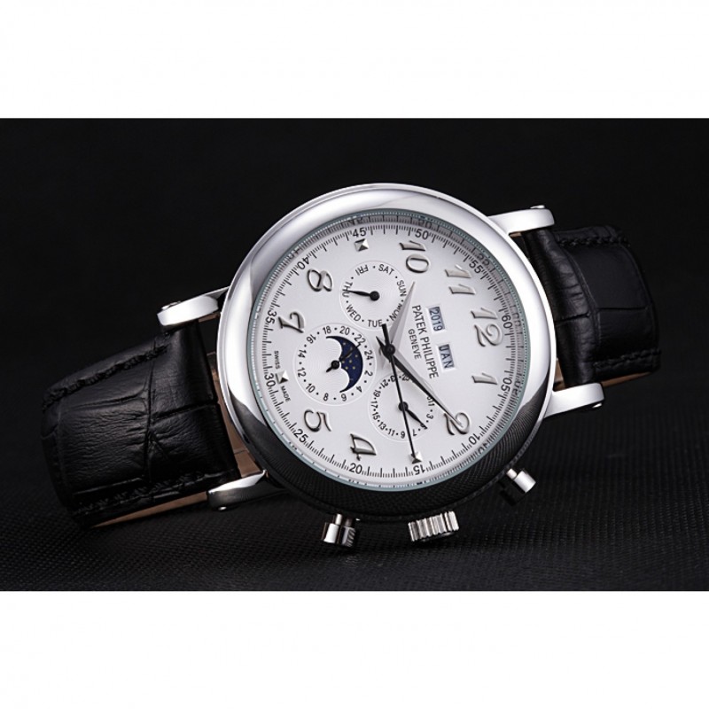Patek Philippe Grand Complications Moon Phase White Dial Black Leather Bracelet-3