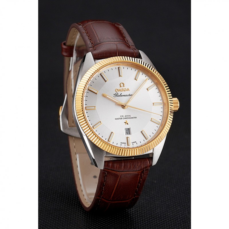 Omega Globemaster Silver Dial Gold Bezel Stainless Steel Case Brown Leather Strap-2
