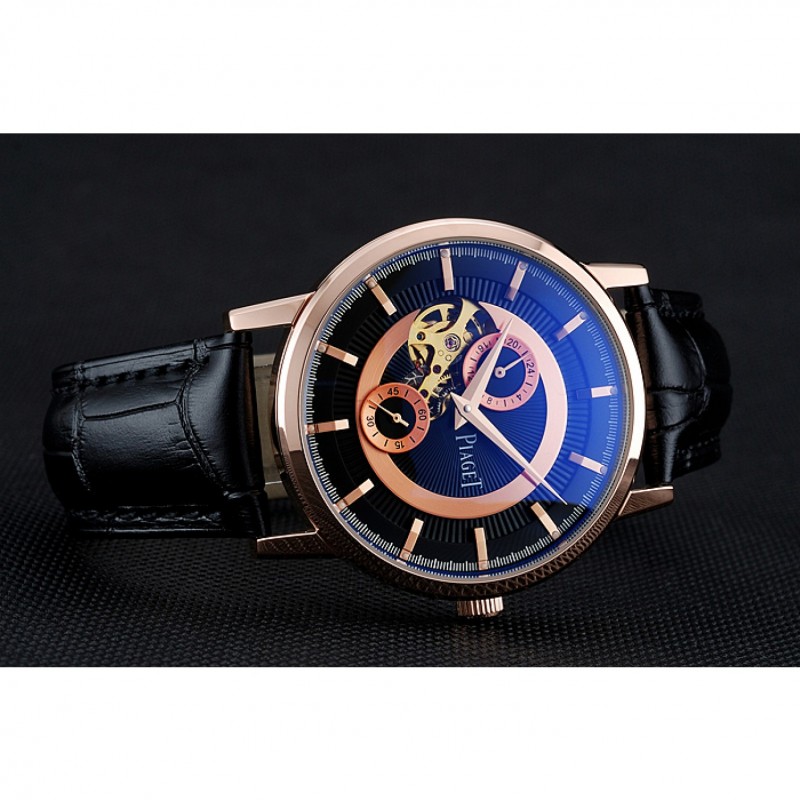 High Quality Replica Watches Piaget Altiplano Chronograph Black Dial Gold Case Black Leather Bracelet 1454047-3