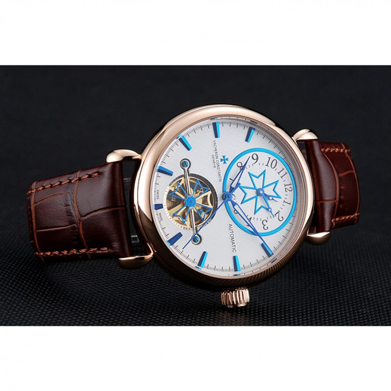 Vacheron Constantin Traditionnelle Tourbillon White Dial Blue Hourmarks Gold Case Brown Leather Bracelet 1454059-3