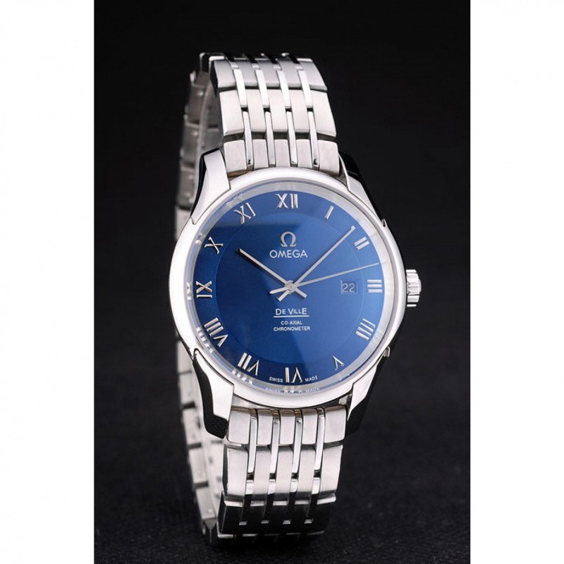 Omega Swiss DeVille Stainless Steel Bezel Roman Numbers Blue Dial 7612-1