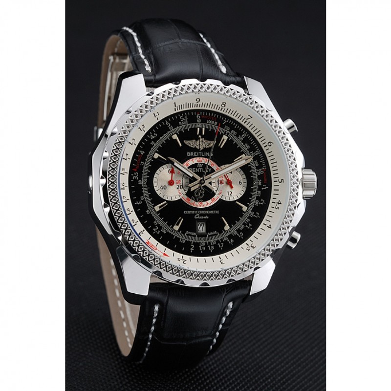 Breitling Bentley Chronograph Black Dial Black Leather Strap-1