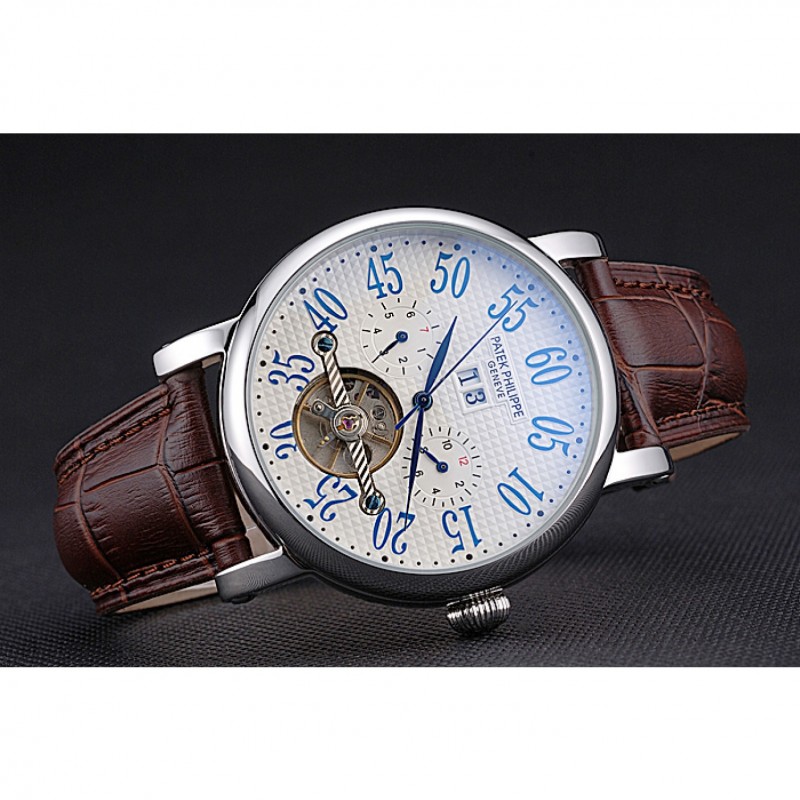 Patek Philippe Grand Complications Stainless Steel Case White Dial Roman Numerals Brown Leather Bracelet 622257-2