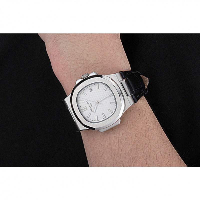 Patek Philippe Nautilus White Dial Brushed Stainless Steel Case Black Leather Strap-8