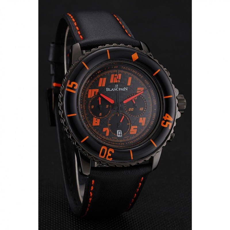 Blancpain Fifty Fathoms Speed Command Carbon Fiber Dial With Orange Markings Black PVD Case Black Leather Strap 1453776-2