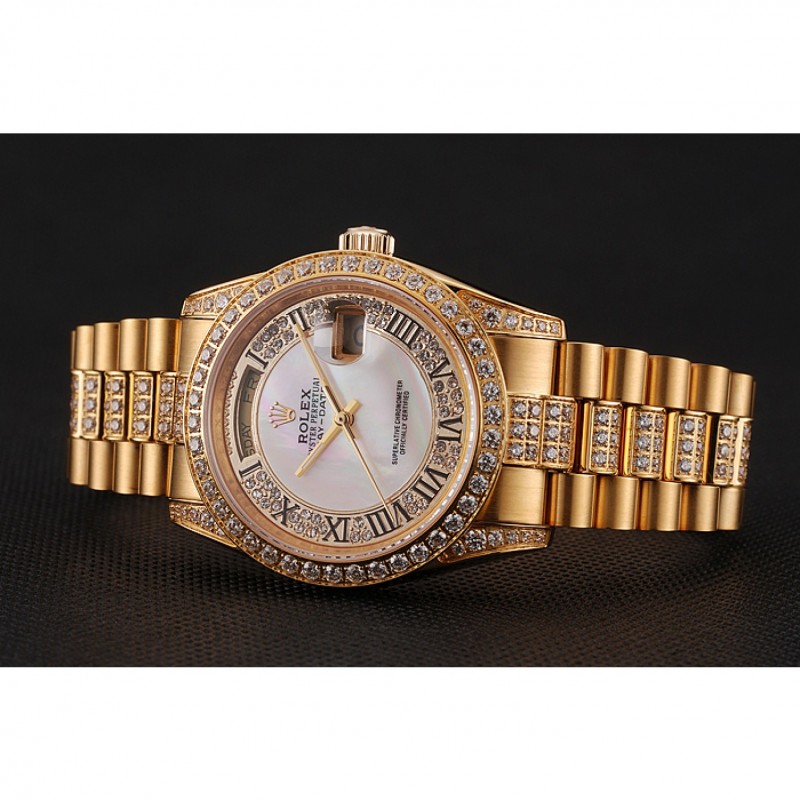 Swiss Rolex Day-Date Diamond Pave White Dial Gold Diamond Bracelet 1453958-2