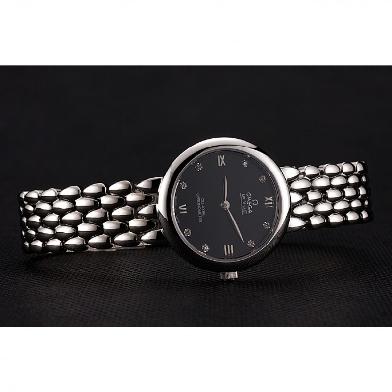 SS Replica Watches Omega De Ville Prestige No Date Dark Grey Dial With Diamonds Stainless Steel Case And Bracelet-3