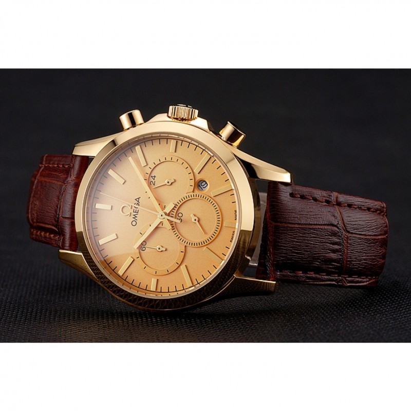 SS Replica Watches Omega Chronograph Gold Dial Gold Case Brown Leather Strap-4