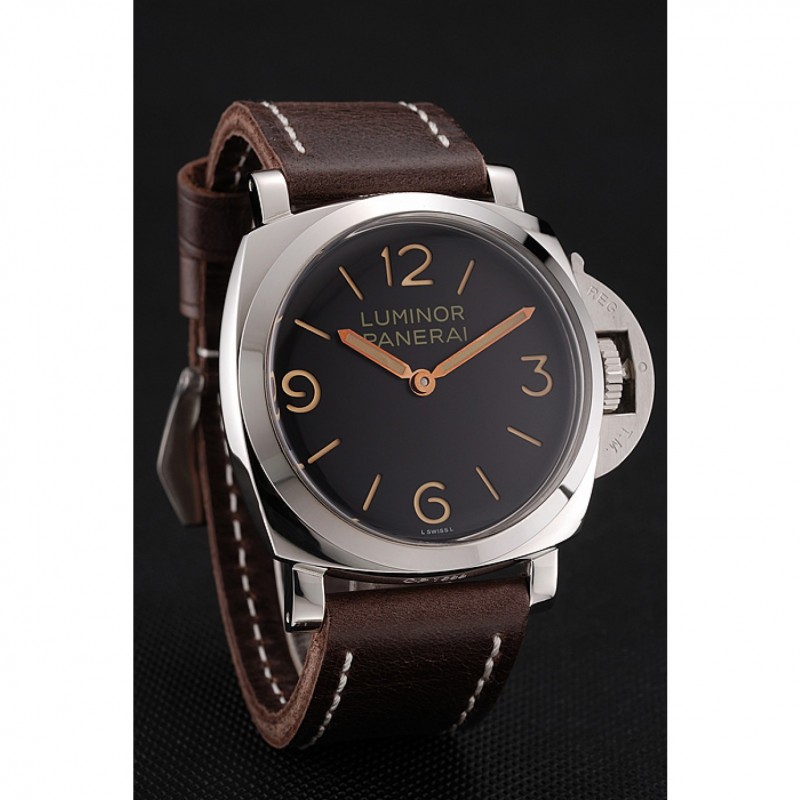 Swiss Panerai Luminor Black Dial Stainless Steel Case Brown Leather Strap 1453854-2