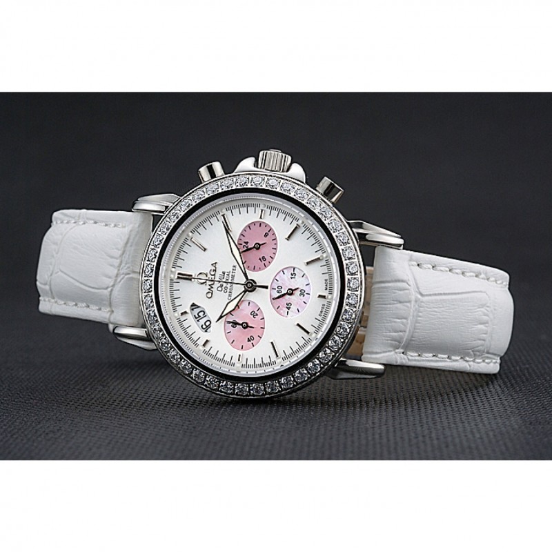 Best Omega De Ville Chronograph White Dial Stainless Steel Diamond Case White Leather Bracelet 622453-4