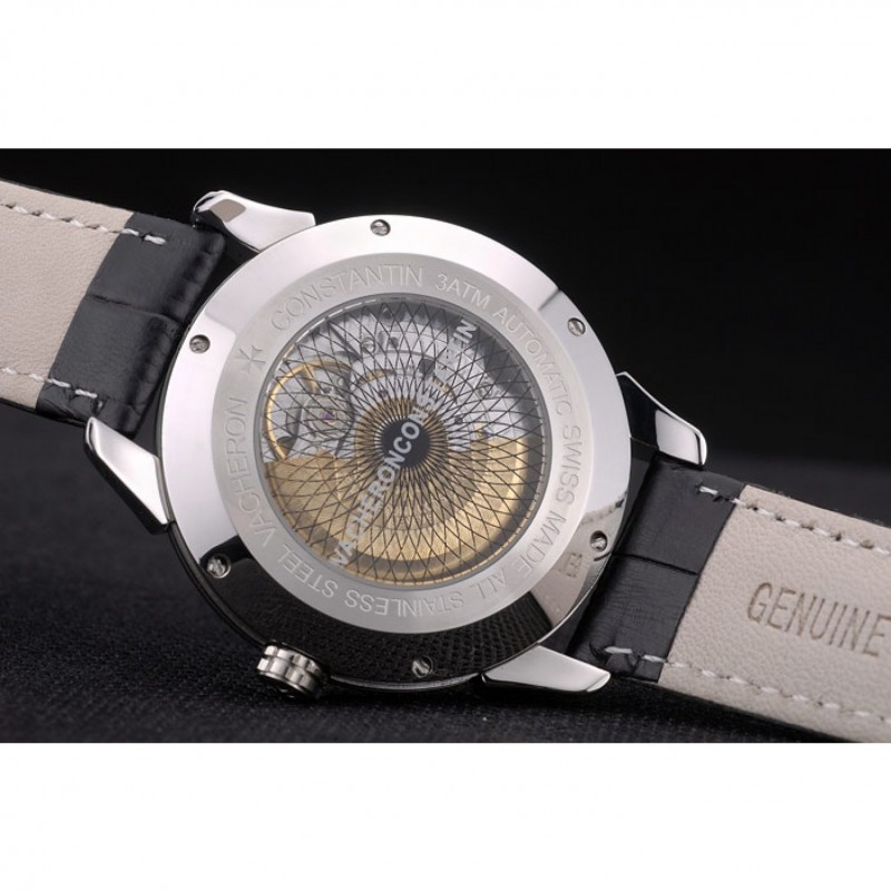 Swiss Vacheron Constantin Traditionnelle White Dial Roman Numerals Black Leather Bracelet-6