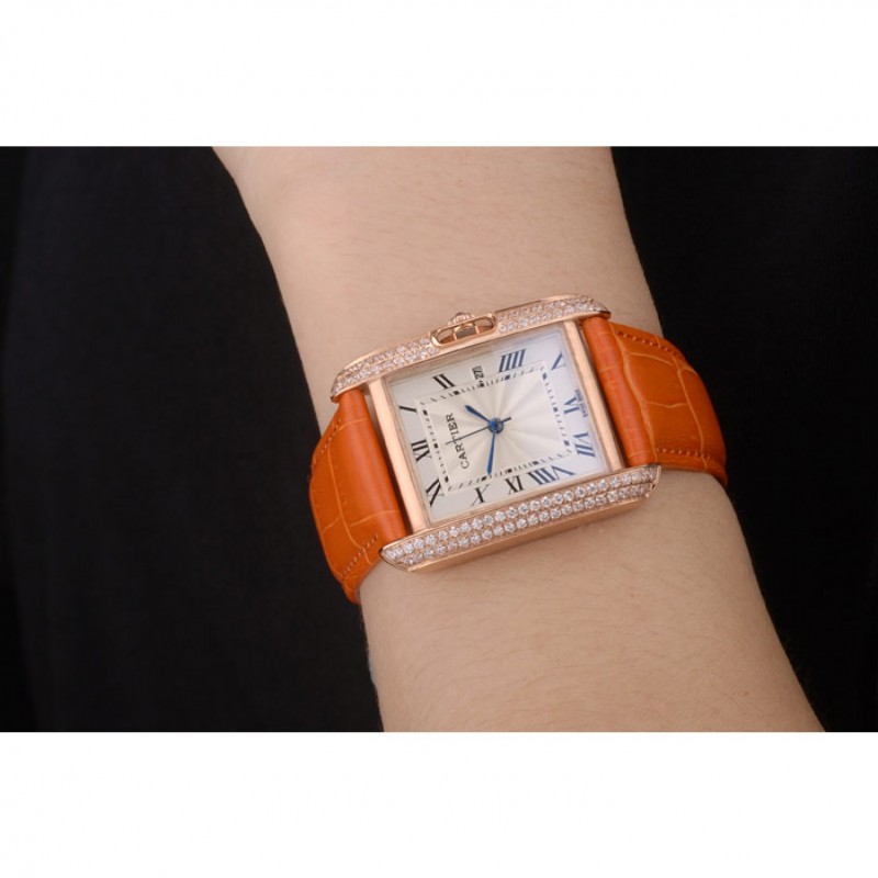 Cartier Tank Anglaise 30mm White Dial Diamonds Gold Case Orange Leather Bracelet-7