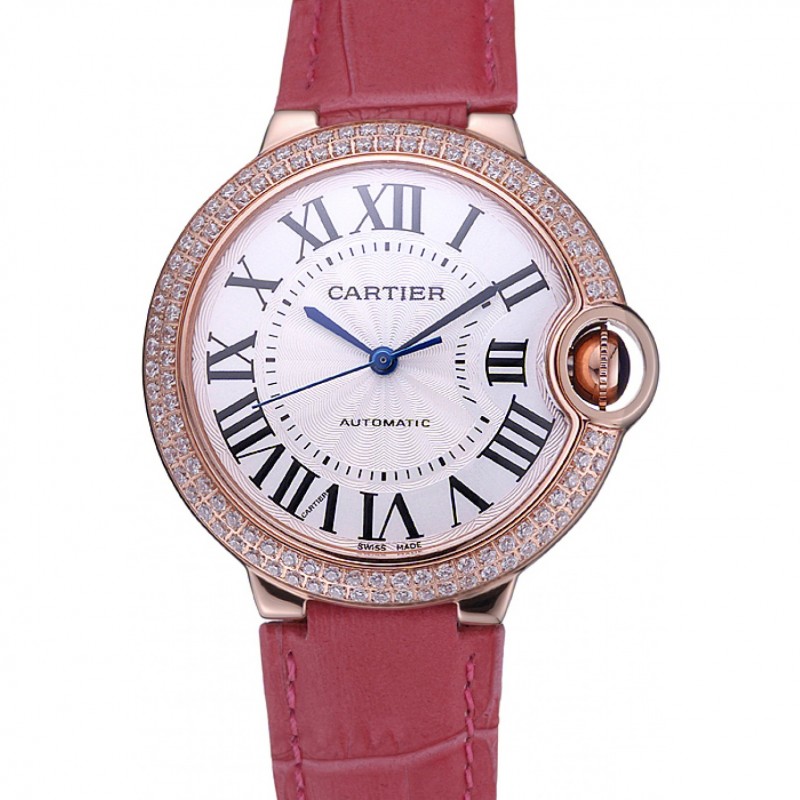 AAA Swiss Cartier Ballon Bleu de Cartier White Dial Diamonds Case Pink Leather Bracelet 622553-0