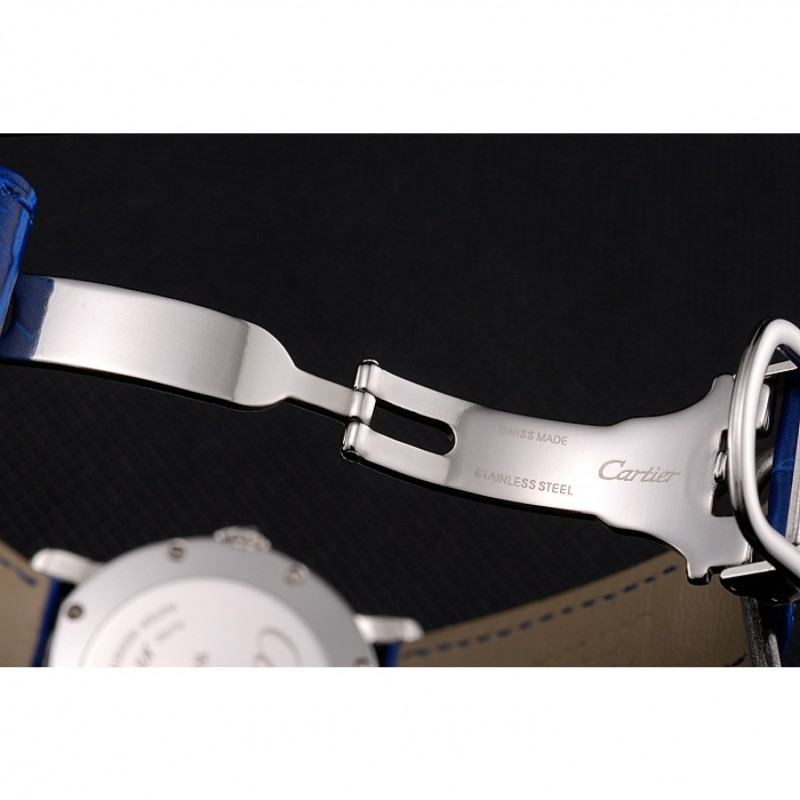 Cartier Ronde White Dial Diamond Hour Marks Stainless Steel Case Blue Leather Strap-6