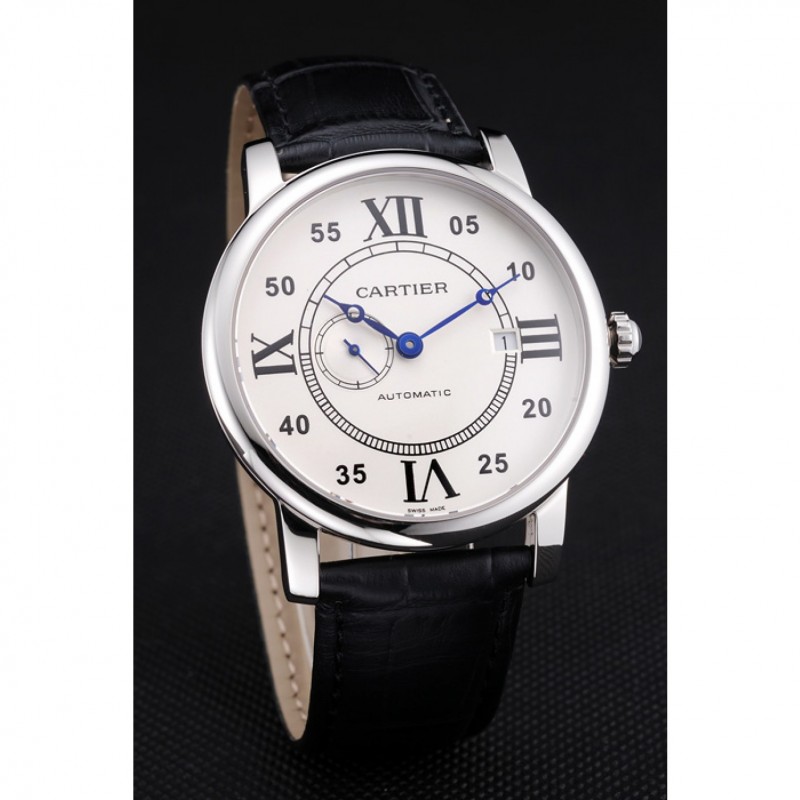 SS Swiss Cartier Rotonde Solo White Dial Silver Case Black Leather Strap-2