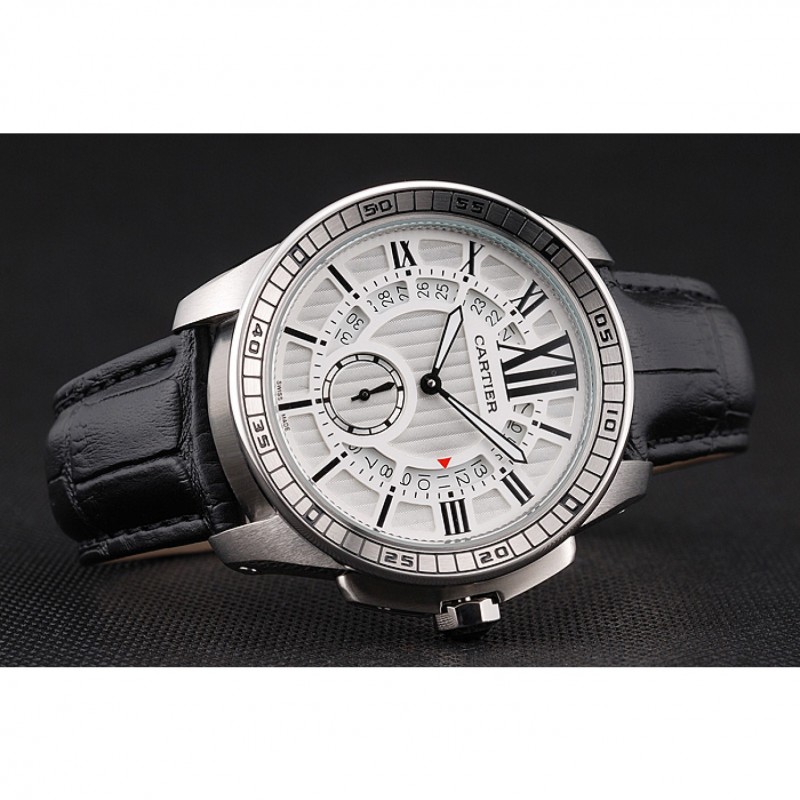 Cartier Calibre De Cartier Small Seconds White Dial Stainless Steel Case Black Leather Strap-4