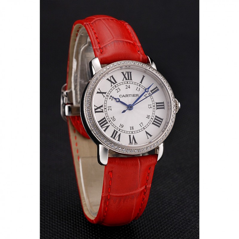 Cartier Ronde White Dial Diamond Bezel Stainless Steel Case Red Leather Strap-2