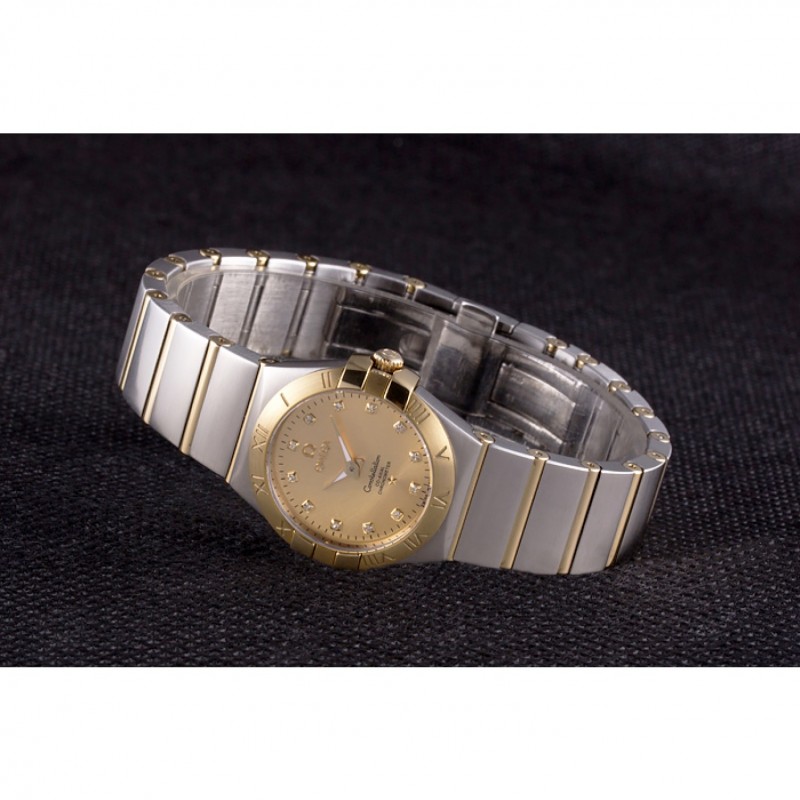 Swiss Lady Omega Constellation Stainless Steel Bracelet Golden Dial 80292-4