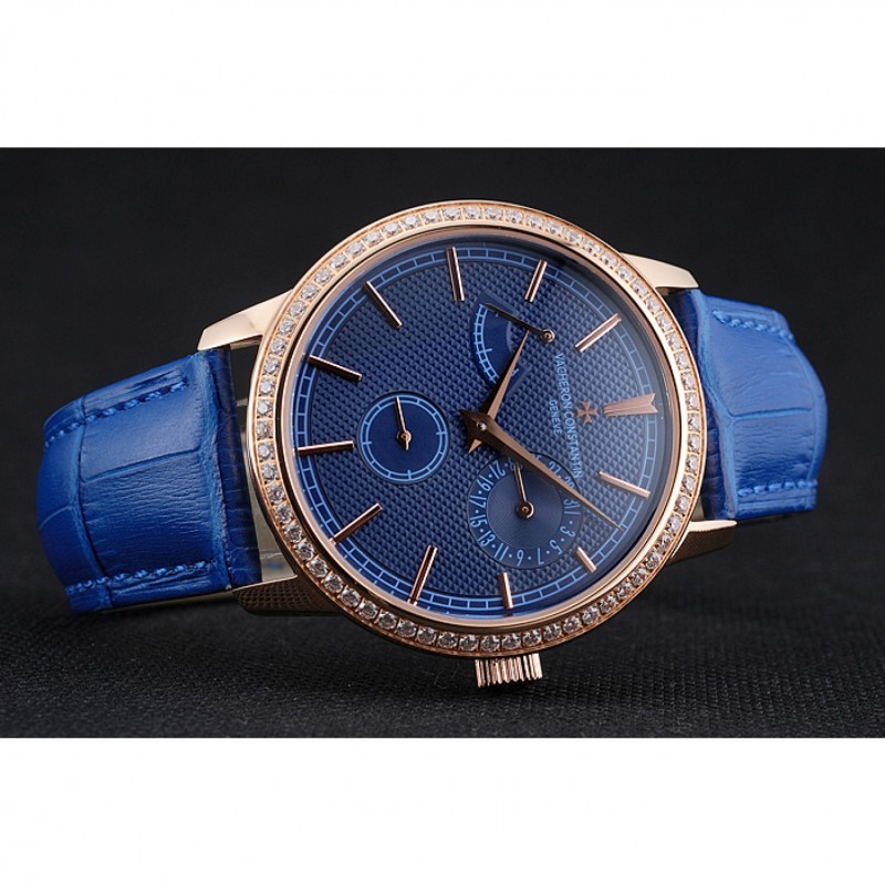 Vacheron Constantin Patrimony Power Reserve Blue Dial Gold Diamond Case Blue Leather Bracelet 1454270-4