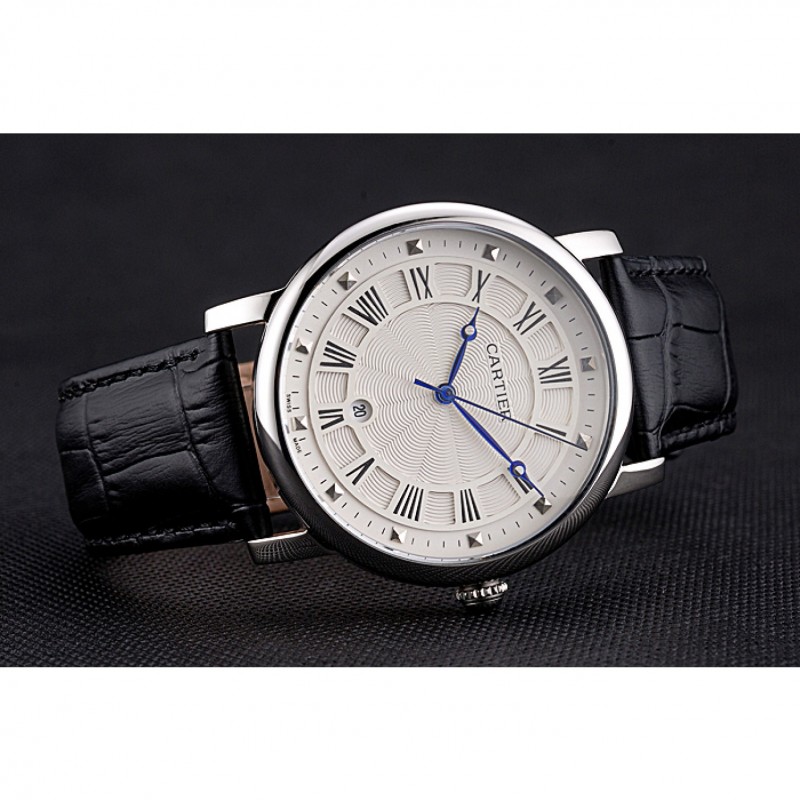 Cartier Rotonde Date White Dial Stainless Steel Case Black Leather Strap-4