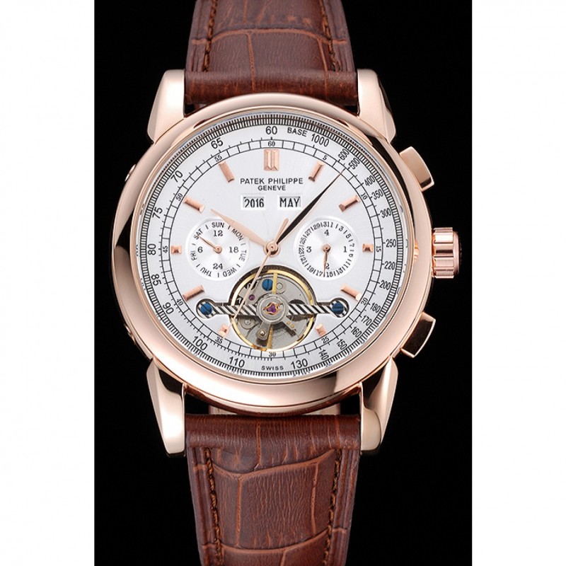 Patek Philippe Grand Complications Gold Case White Dial Brown Leather Bracelet 622259-1