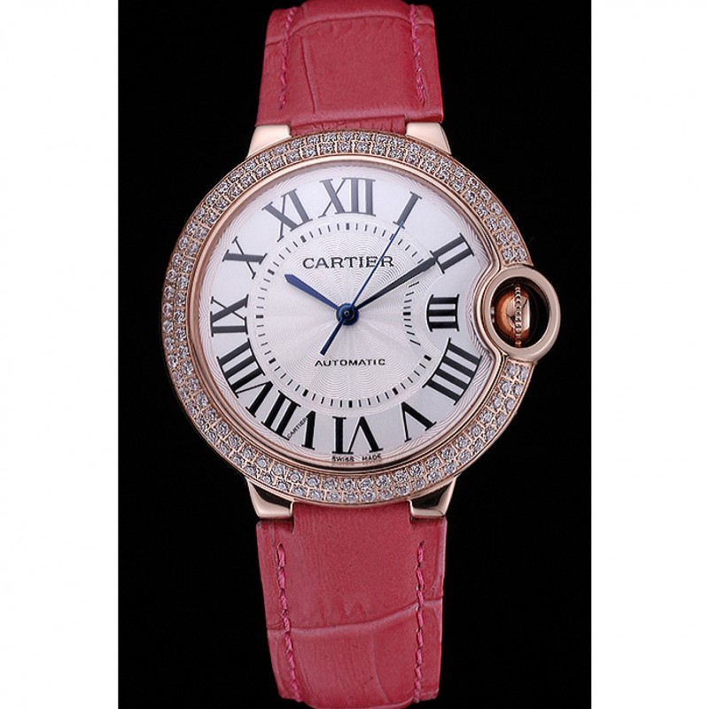 AAA Swiss Cartier Ballon Bleu de Cartier White Dial Diamonds Case Pink Leather Bracelet 622553-1