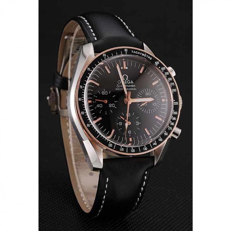 Swiss Omega Speedmaster Professional Black Dial Gold Accents Black Leather Bracelet 1453937-1