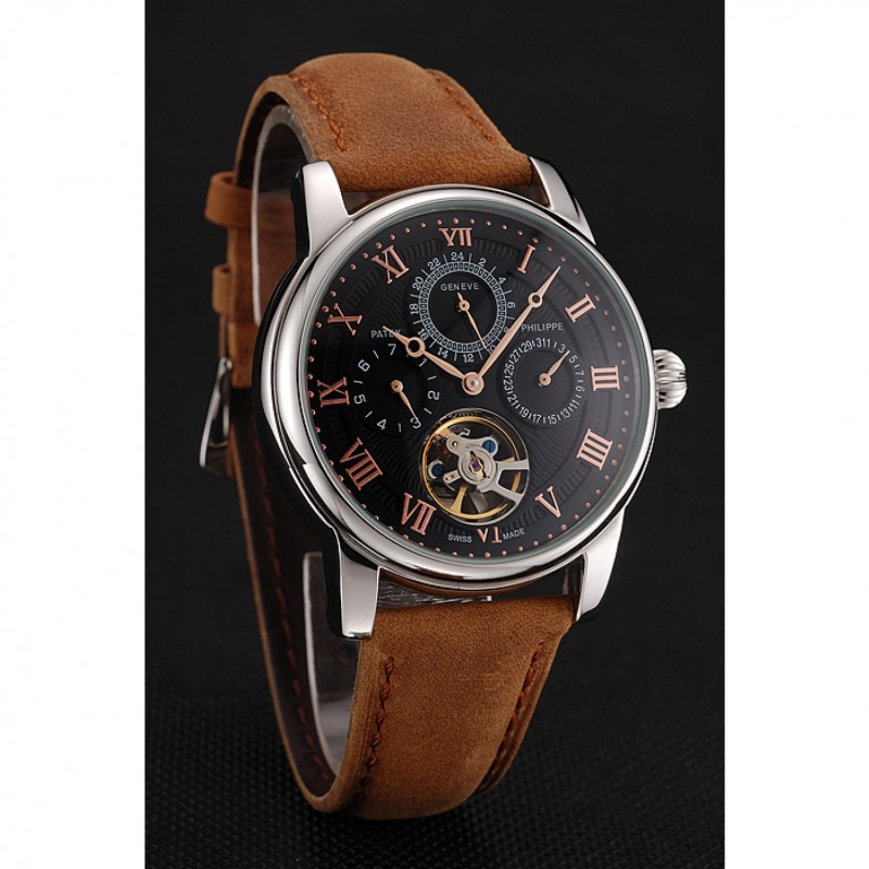 Patek Philippe Grand Complications Day Date Tourbillon Black Dial Rose Gold Numerals Stainless Steel Case Brown Suede Leather Strap 1453815-2